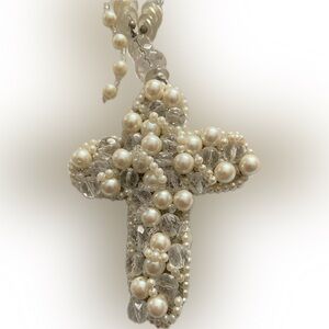 Vintage White Pearl and Crystal Cross Necklace